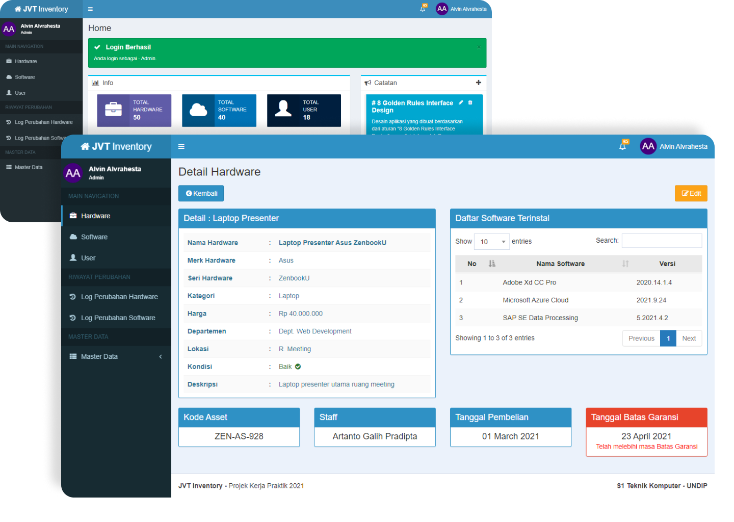 Home Dashboard JVT Inventory Management Web Application